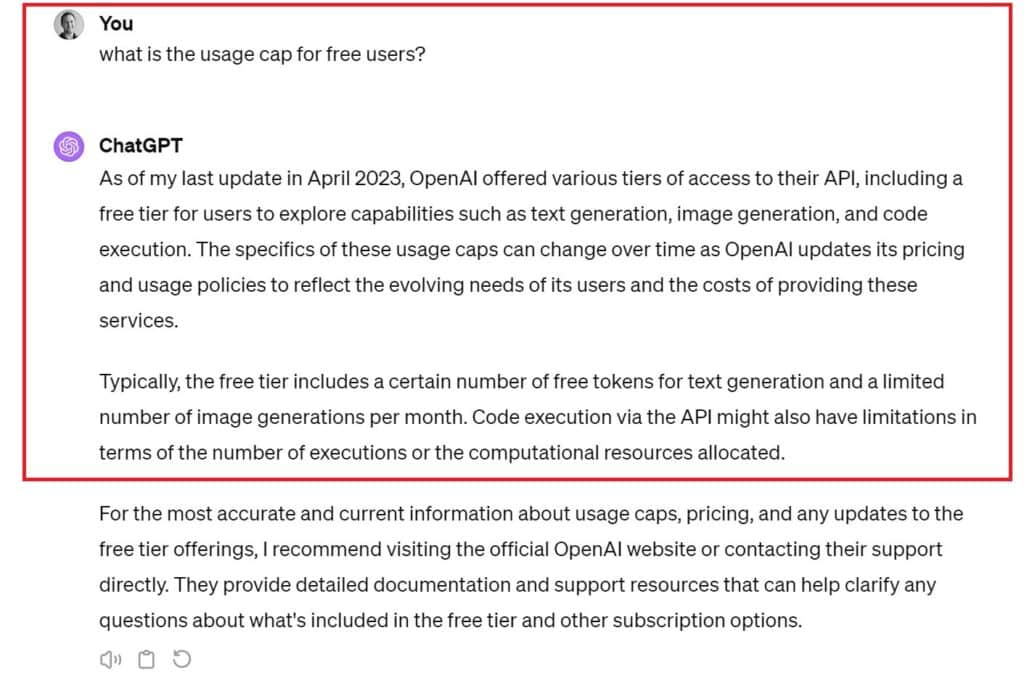 A screenshot of a frequently asked questions (FAQ) section discussing usage caps for free users on OpenAI's ChatGPT API service, with one response highlighted.