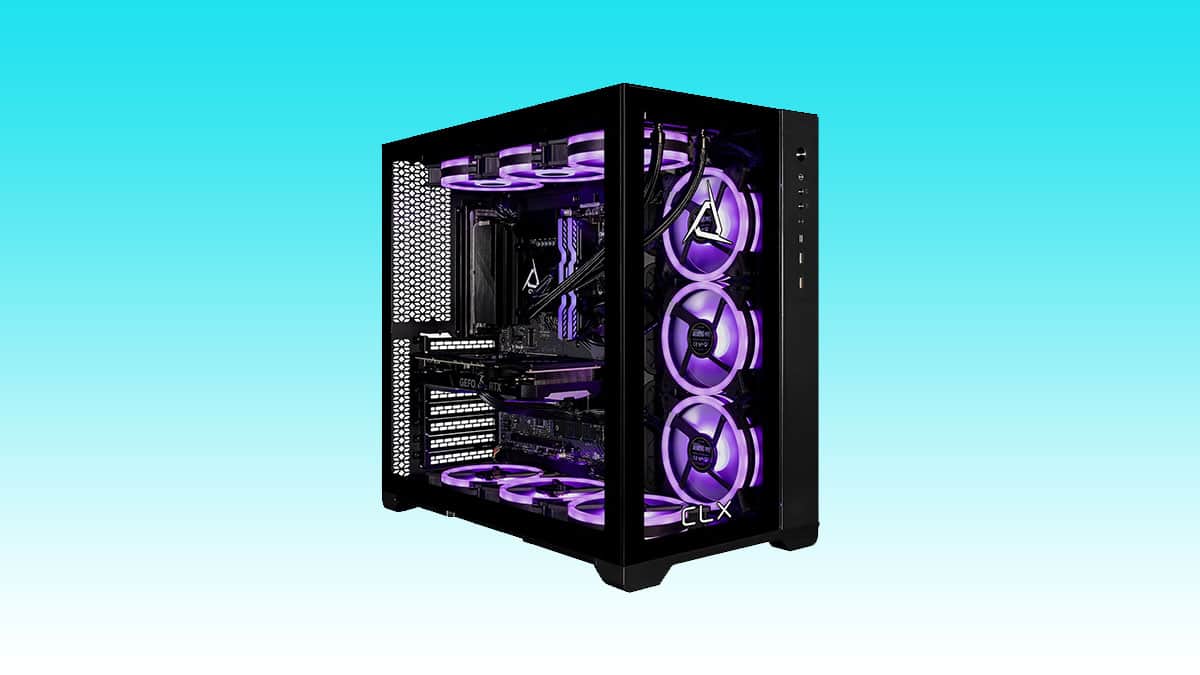 A high-performance gaming computer with a transparent side panel showcasing internal components, purple LED lighting, and Auto Draft technology.