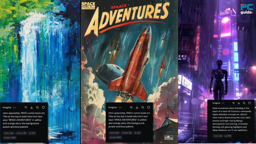 Collage of three images: abstract painting, vintage comic book cover of 'space adventures,' and a neon-lit street scene at night offering a midjourney through visual art.