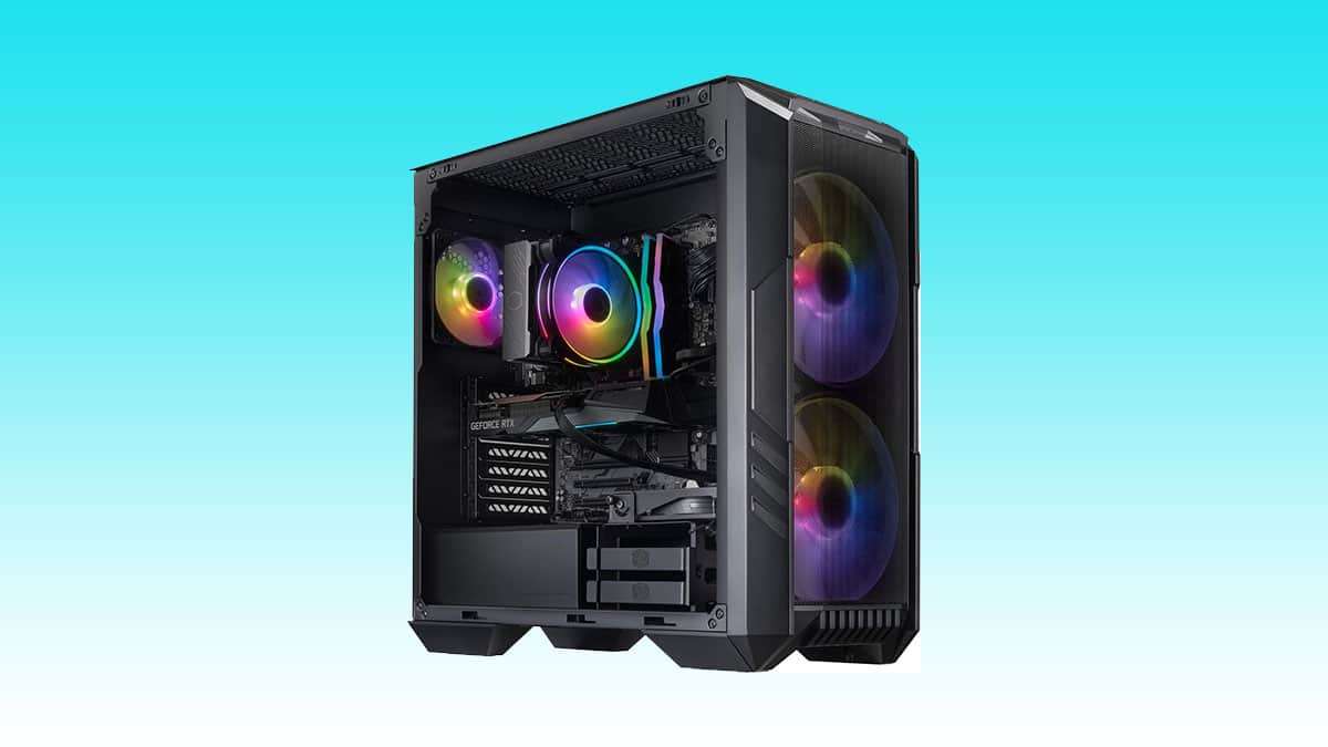 Custom-built gaming pc with rgb lighting set against a blue background.