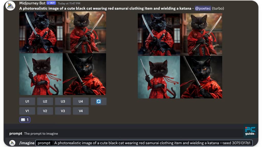 A composite illustration of a black cat dressed in a ninja samurai outfit holding a katana.