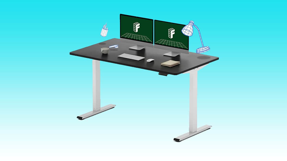 Adjustable standing desk with dual monitors and accessories on a blue gradient background.