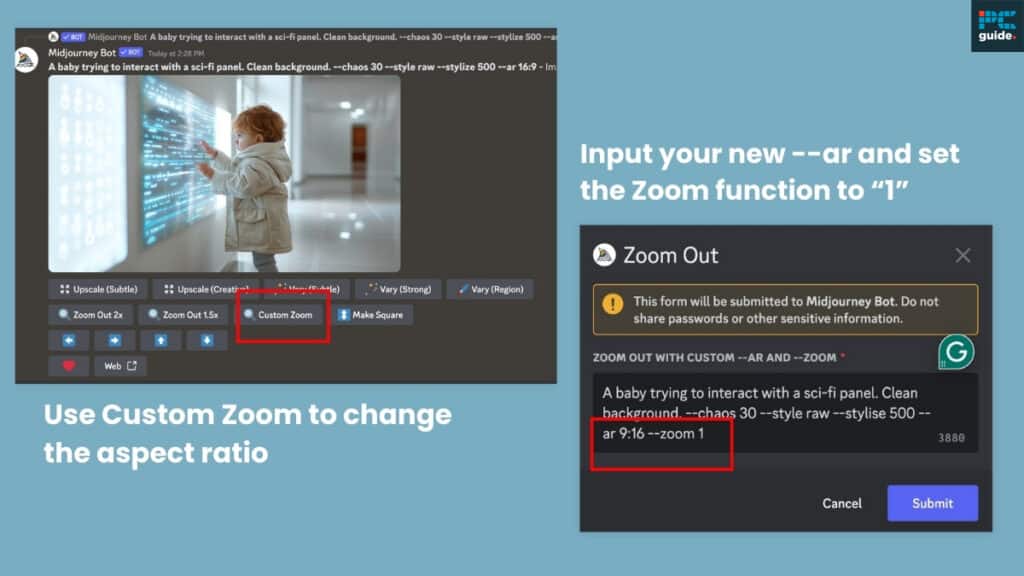 A user interface tutorial highlighting how to customize zoom level and aspect ratios in a graphical software application, with an inset photo of a child interacting with a digital information panel.