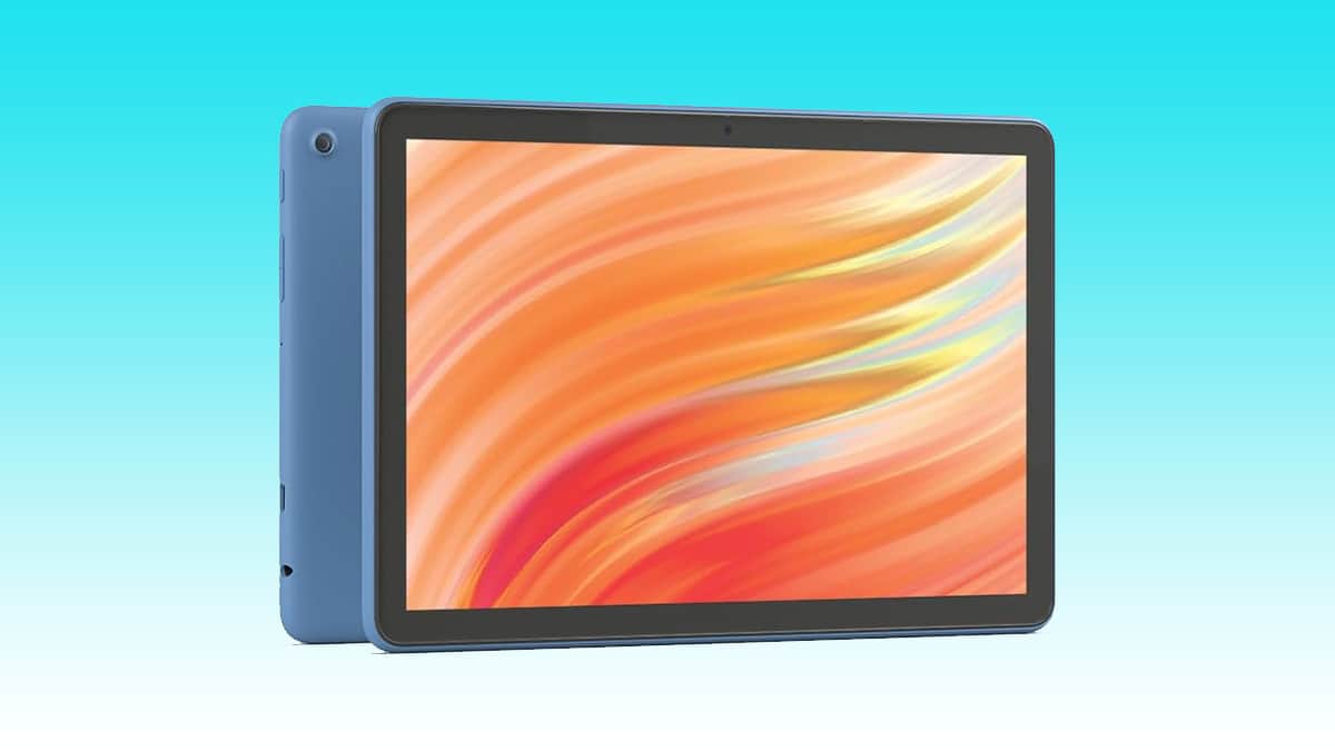 A tablet with a colorful screen and a blue protective case against an auto draft background.