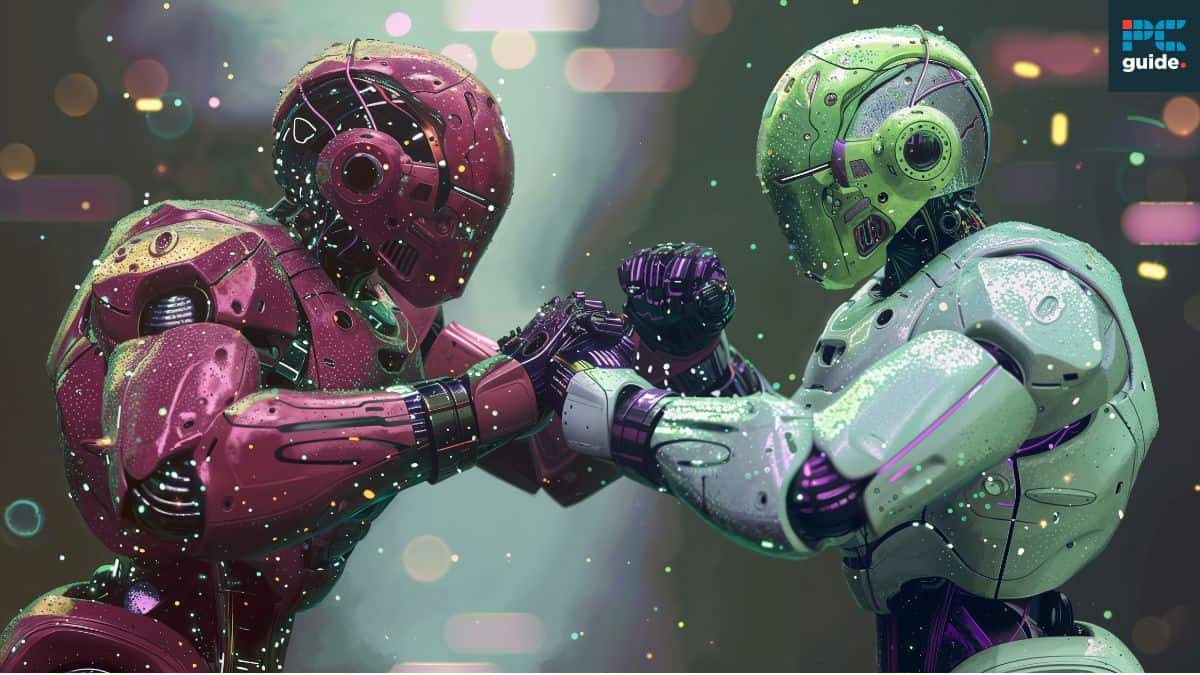 ChatGPT vs Devin AI - Two futuristic robots, engineered by Devin AI, arm wrestling with a colorful, sparkling background.