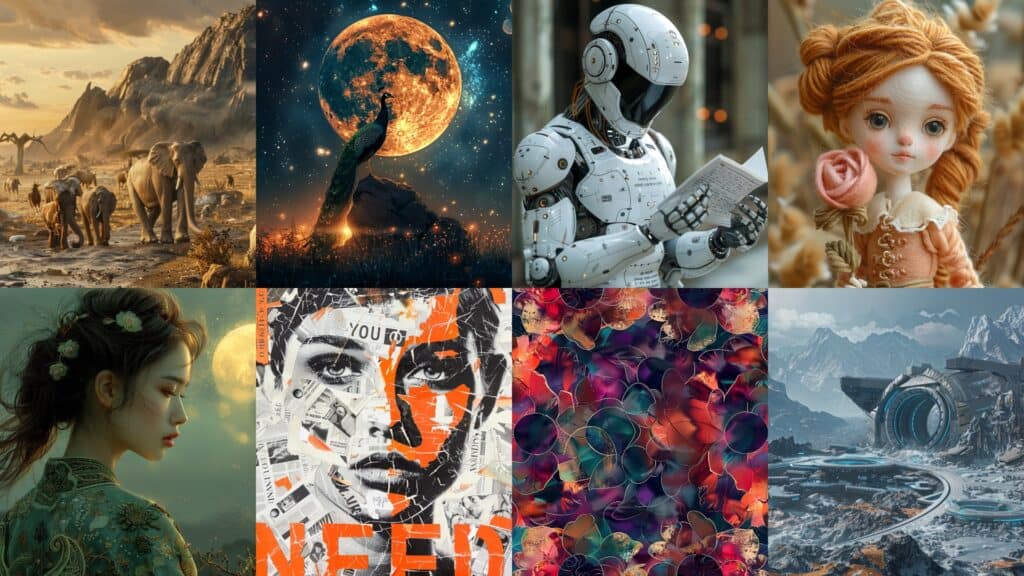 A collage of eight diverse images showcasing a mix of sci-fi and fantasy themes, including space, robots, surreal art, and dolls, enhanced with Midjourney tips and tricks for beginners.