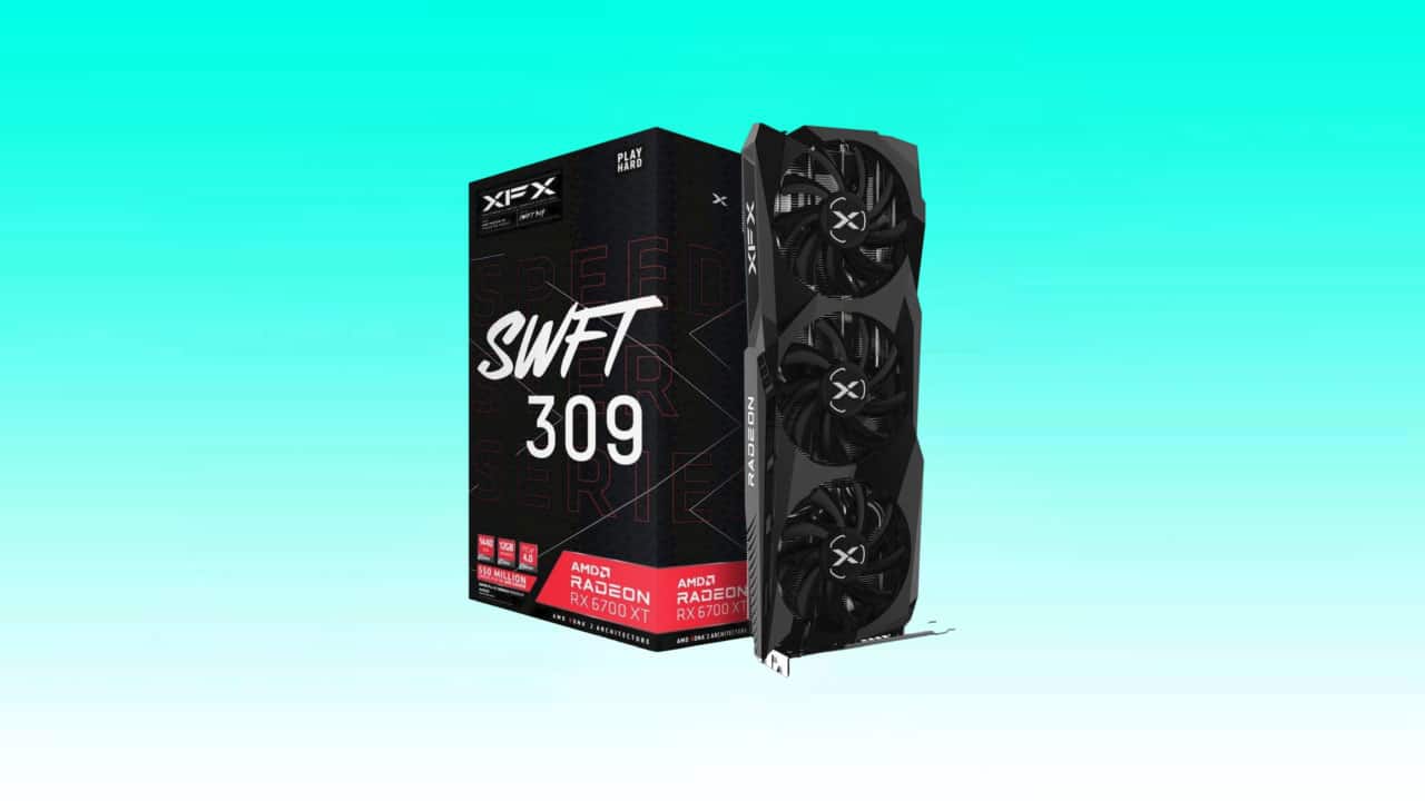 XFX Speedster SWFT309 AMD Radeon RX 6700 XT gaming graphics card with its retail packaging.