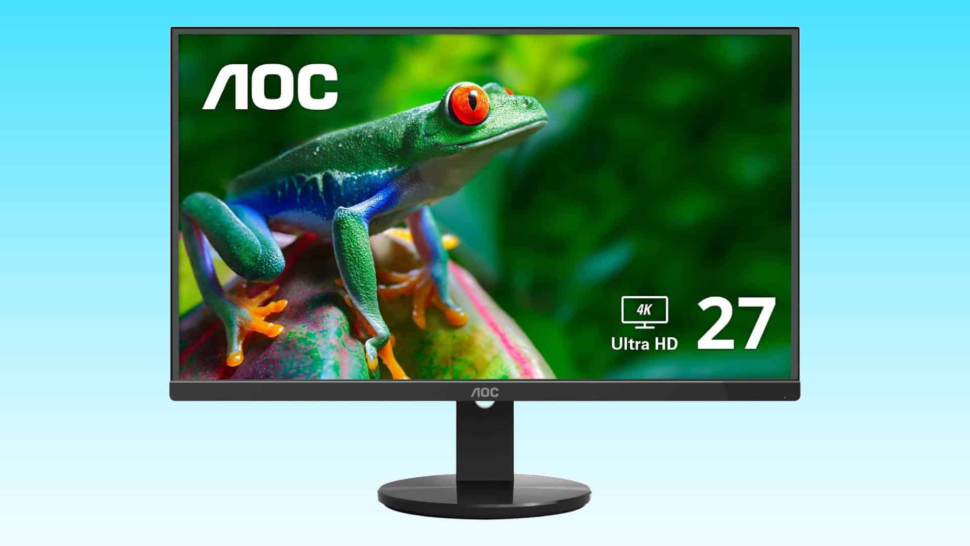 A 27-inch AOC 4K Ultra HD monitor, perfect for photo editing, displaying a vibrant image of a red-eyed tree frog.