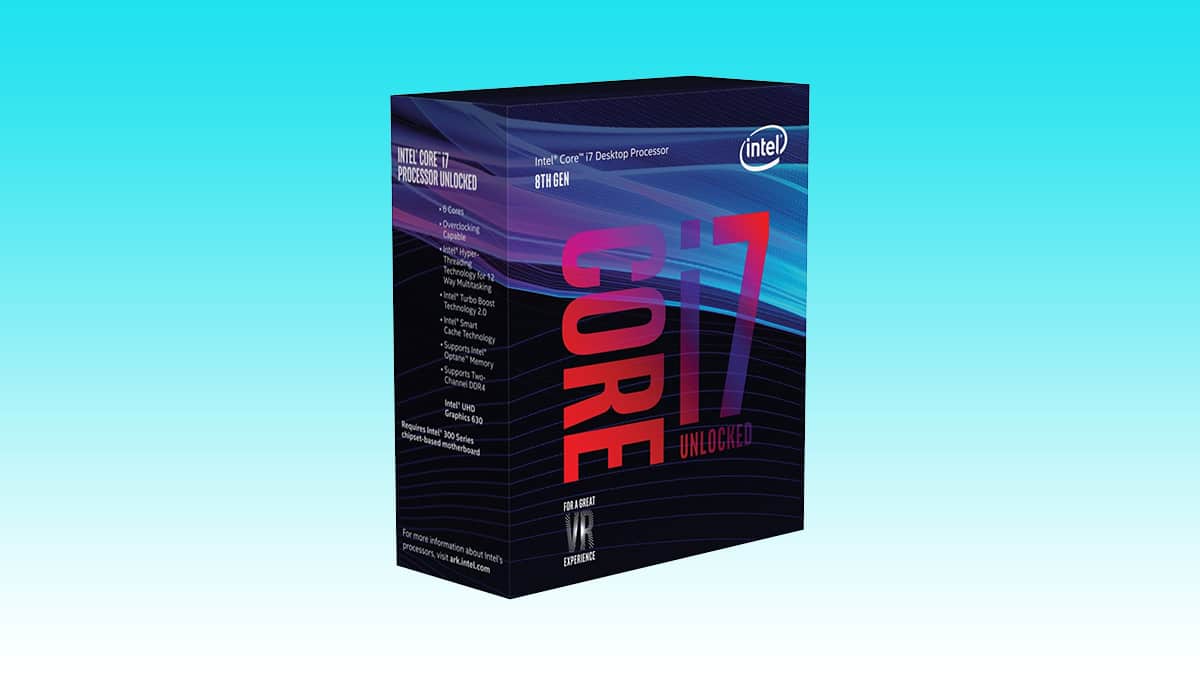 Intel Core i7-8700K desktop processor box on a gradient background.