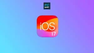 Colorful iOS 17.4.1 guide application icon on a blue and purple gradient background.