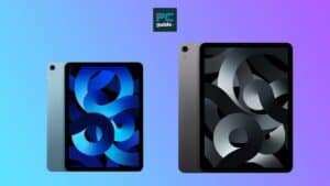Apple's announcement in the US of two versions of the iPad Air 6 displayed against a blue gradient background, one with a colorful wallpaper and one with a monochrome wallpaper.