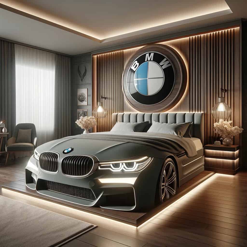 A bedroom with a bmw supercar-themed bed design and BMW logo on the wall.