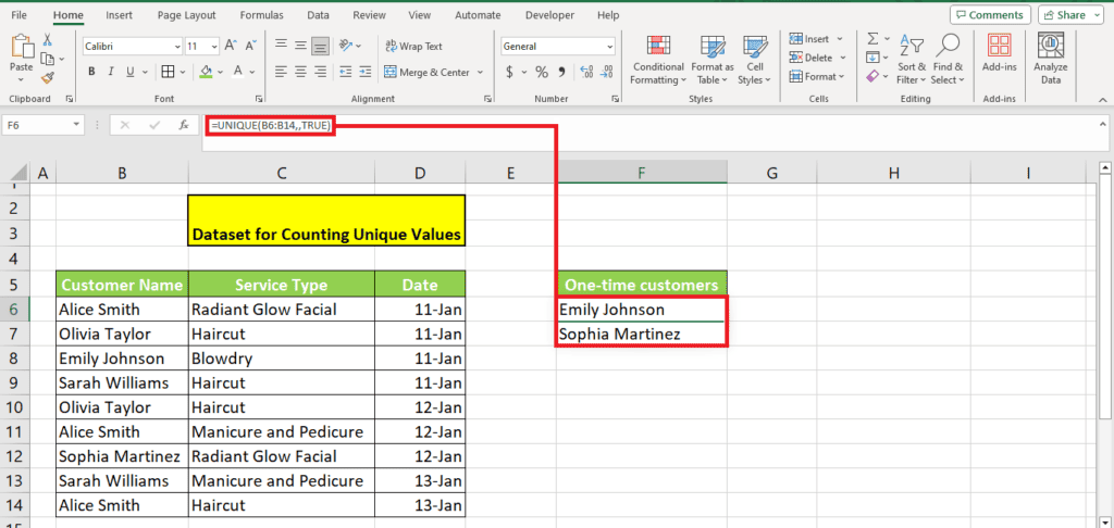 An Excel spreadsheet is displayed with cells filled with various data, including a column for customer name, service type, date visited, and a highlighted column titled "How To Count Unique Values", showcasing the method
