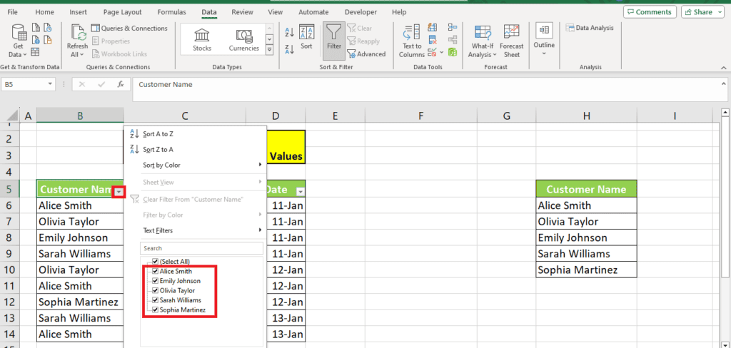 A screenshot of an Excel application with an open spreadsheet showing a list of customer names and dates, with one cell highlighted in yellow and the drop-down filter menu activated for the "date" column displaying unique
