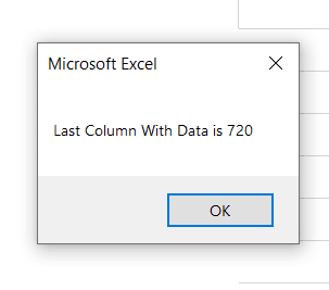 A pop-up window in Excel displaying a message that reads "find data in the last column which is 720" with an "ok" button below the text.