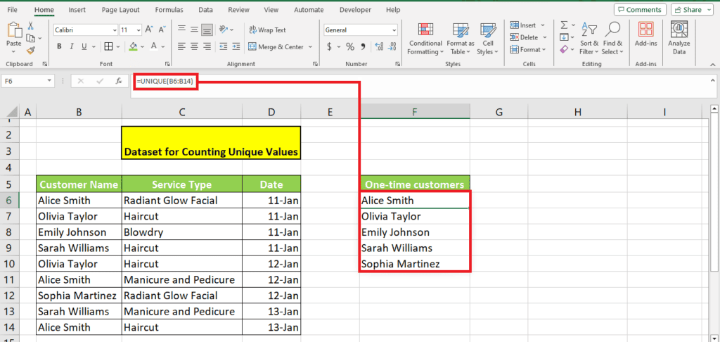 A How To screenshot of an Excel window with a list of customer names and corresponding service types, highlighting a cell where a formula is being used to count unique values in a designated range.