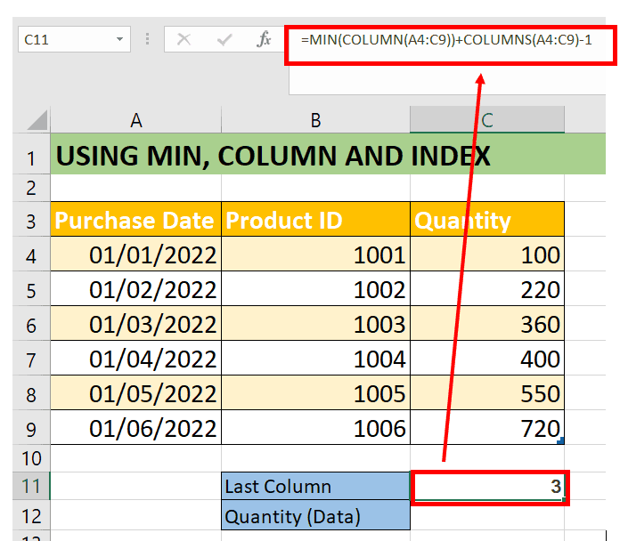 Excel spreadsheet displaying a formula in the function bar with cells from the last column highlighted to indicate where data is being calculated.