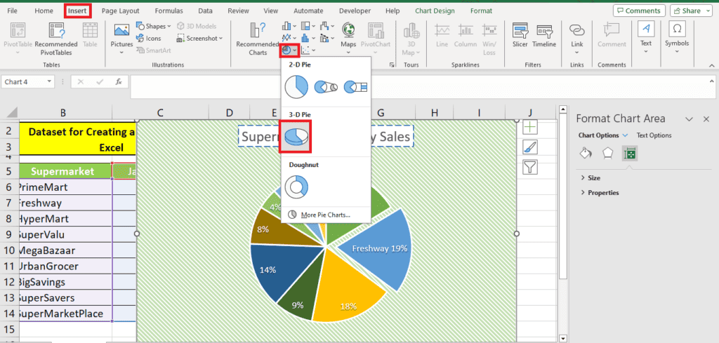 A screenshot of a Microsoft Excel application with a dataset and a pie chart displayed, highlighting how to make data analysis functionalities.