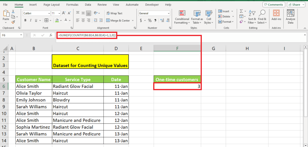 A screenshot of an Excel spreadsheet with data organized in columns from A to E, where column A lists customer names, column B the service type, and column D the date visited. Cell E2 counts