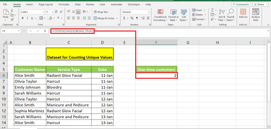A screenshot of an Excel spreadsheet with a focus on customer service data, where a formula in cell E2 is being used to count unique values from one-time customers.