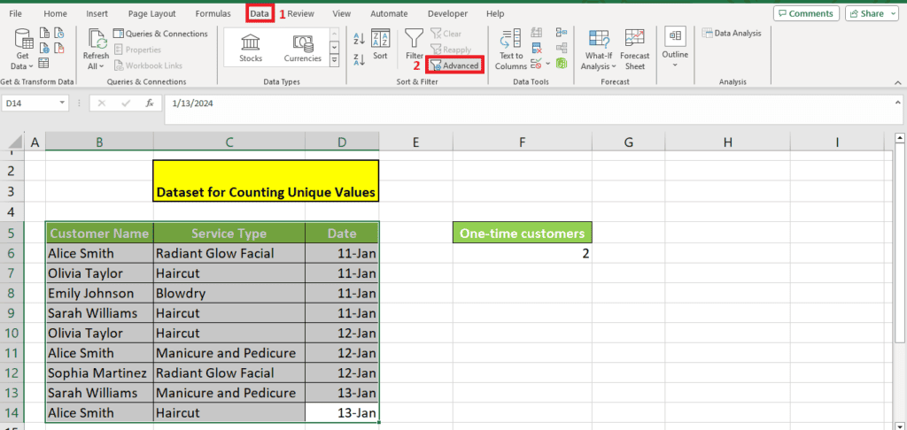 A screenshot of an Excel spreadsheet with cells containing names and service types, highlighting a function used to count unique values in a specific data set.