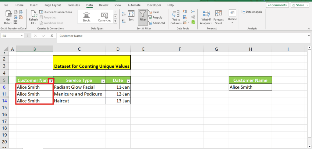 A screenshot of a Microsoft Excel spreadsheet with a partial view of two worksheets named 'How To Count Unique Values' and 'customers'. The active worksheet displays a table with column headers 'customer name