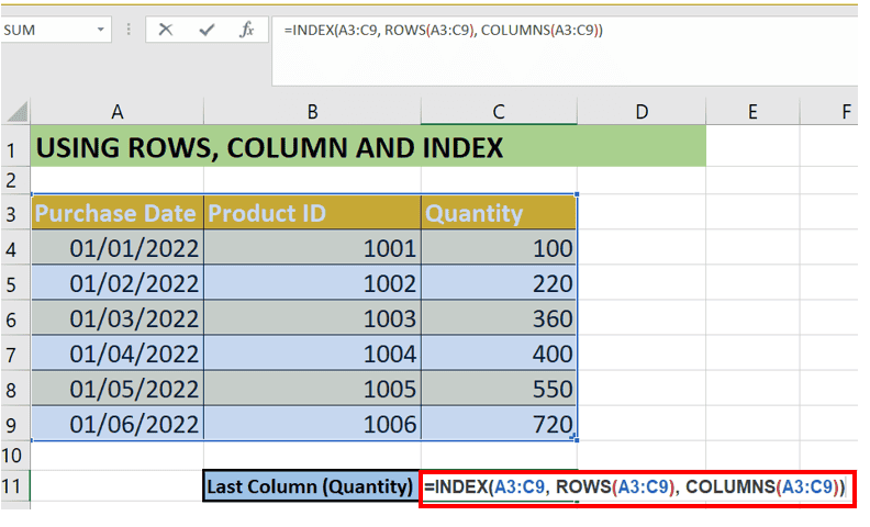 Screenshot of an Excel spreadsheet showing a table with columns for purchase date, product id, and quantity, and a formula highlighted in the last column cell f10.
