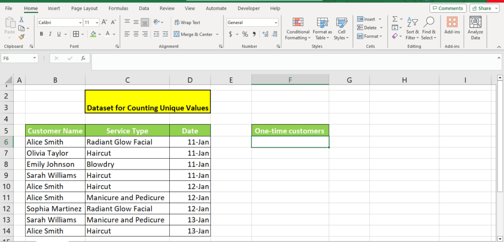 A screenshot of an Excel spreadsheet with a table titled "dataset for counting unique customers," highlighting columns for customer name, service type, and date, with an additional note on the right saying "Count of