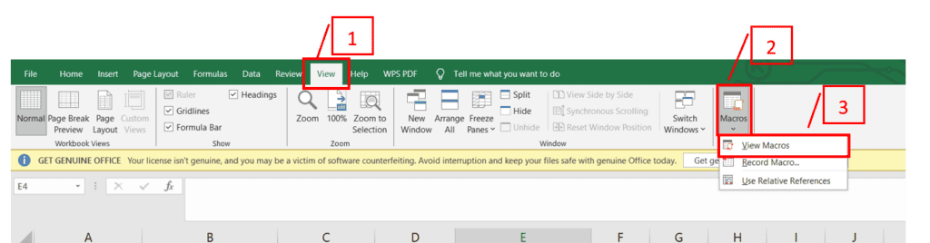 Screenshot of Microsoft Excel interface showing steps to find data in the last column: ribbon menu circled at 'View,' 'Macros' button, and 'View Macros' option highlighted.
