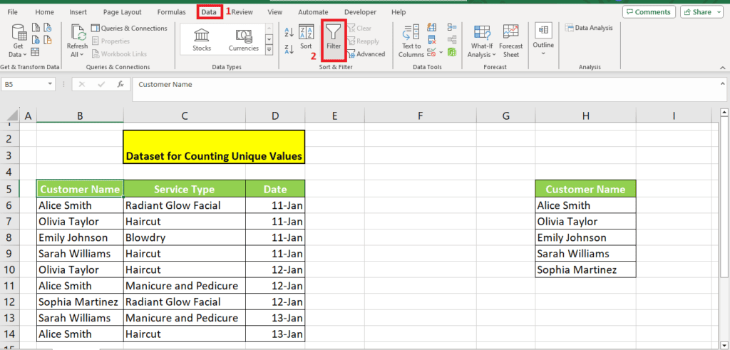 A screenshot of a Microsoft Excel spreadsheet with a section highlighted in yellow and a mouse pointer hovering over the 'sort ascending' button on the toolbar. The spreadsheet appears to be tracking customer names, service.