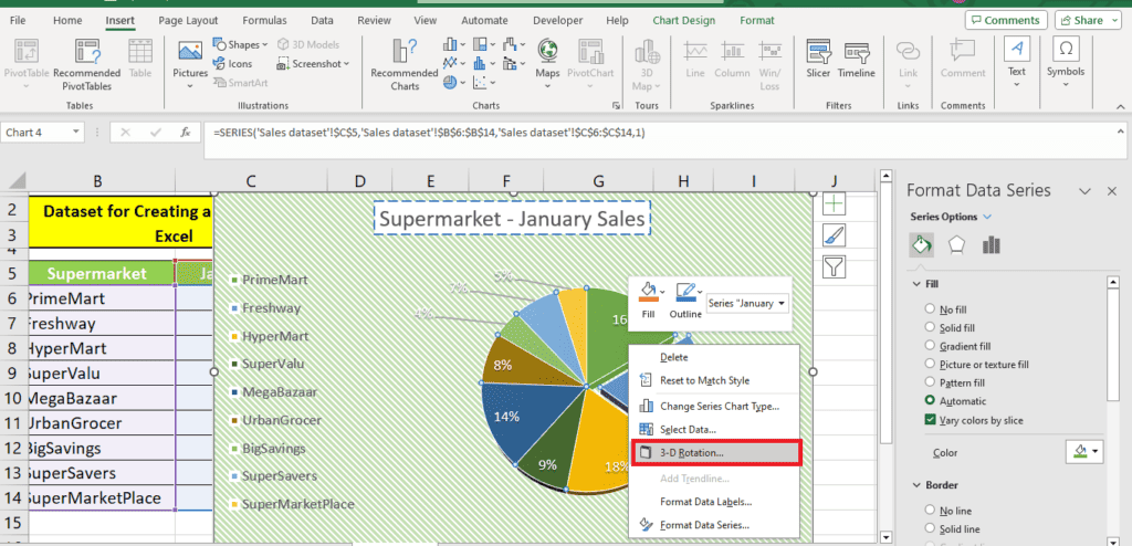 A screenshot of Excel showing a pie chart titled "Supermarket - January Sales" with a dataset for making the chart visible on the left. The context menu is open with options to format the data.