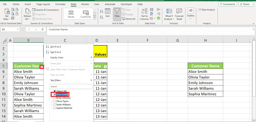 A screenshot of a Microsoft Excel application with a spreadsheet open showing how to apply a filter to a column labeled "values" where the number "11-jan" is selected from a drop-down menu.