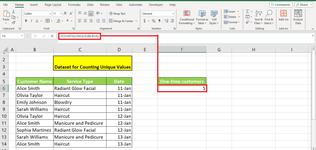 The image depicts a computer screen with an open Microsoft Excel spreadsheet, showing a table with columns for customer name, service type, and date. A formula in cell D14 to count unique values is "=