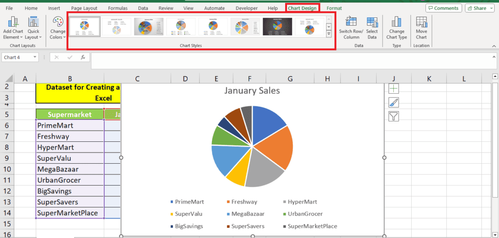 A screenshot showing a Microsoft Excel application window with a dataset for creating a pie chart, which is displayed on the right side of the window, ready to make the pie chart.