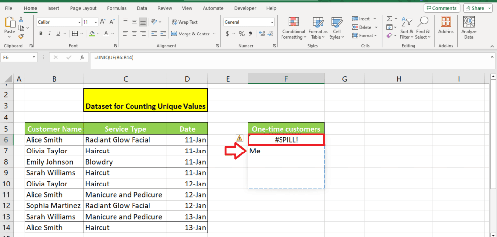 A screenshot of a Microsoft Excel spreadsheet displaying a partially filled table with instructions on how to count unique values. There is a highlighted error message "#spill!" indicating an issue with an array formula in the