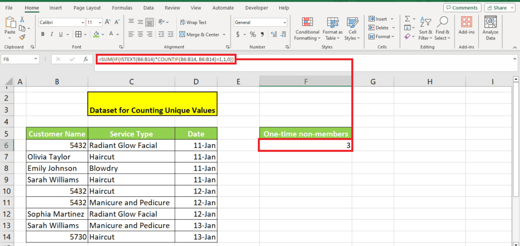 The image illustrates how to excel in using a spreadsheet application, displaying a table that tracks customer names, services, and unique dates. It uniquely highlights the count of unique values for one-time non-members,