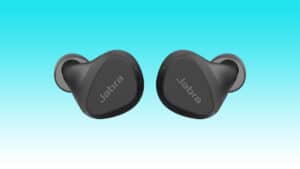 Black Jabra noise-canceling wireless earbuds against a blue background.