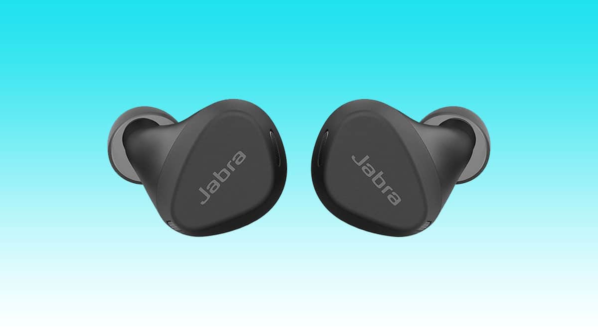 Black Jabra noise-canceling wireless earbuds against a blue background.