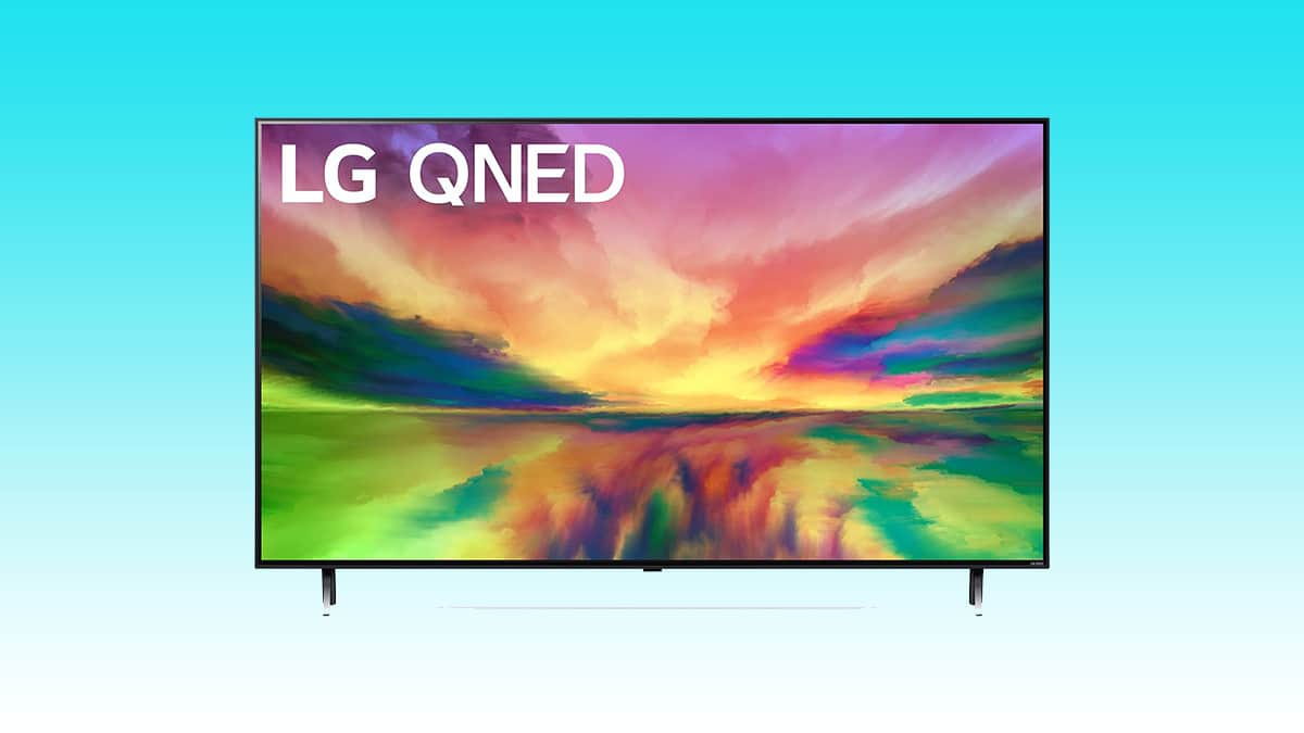 An lg qned television displaying a vibrant, abstract splash of colors on its screen in Auto Draft mode.