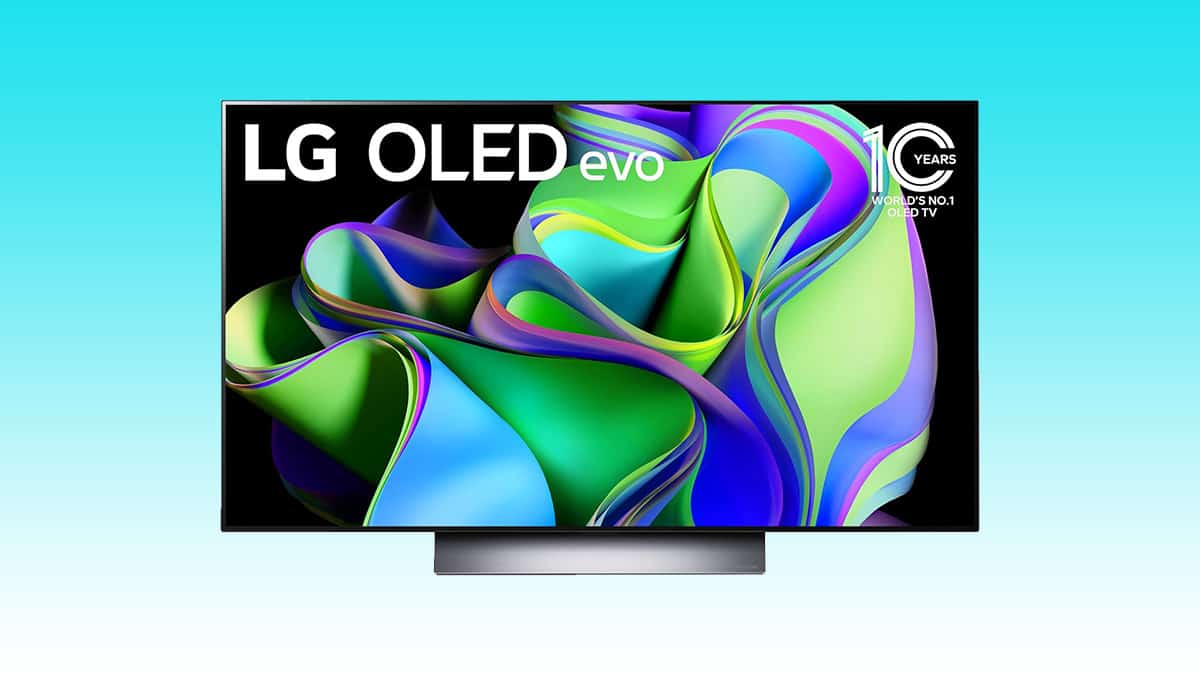 Modern lg oled evo television displaying vibrant abstract graphics with Auto Draft.
