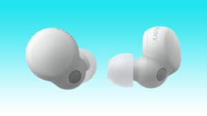 Auto Draft wireless earbuds against a blue background.