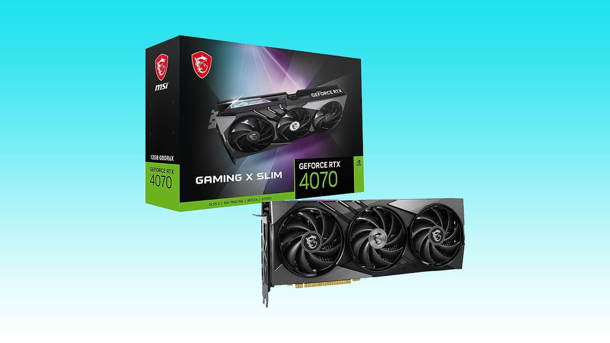 Msi geforce rtx 4070 graphics card Auto Draft packaging and product image against a teal background.