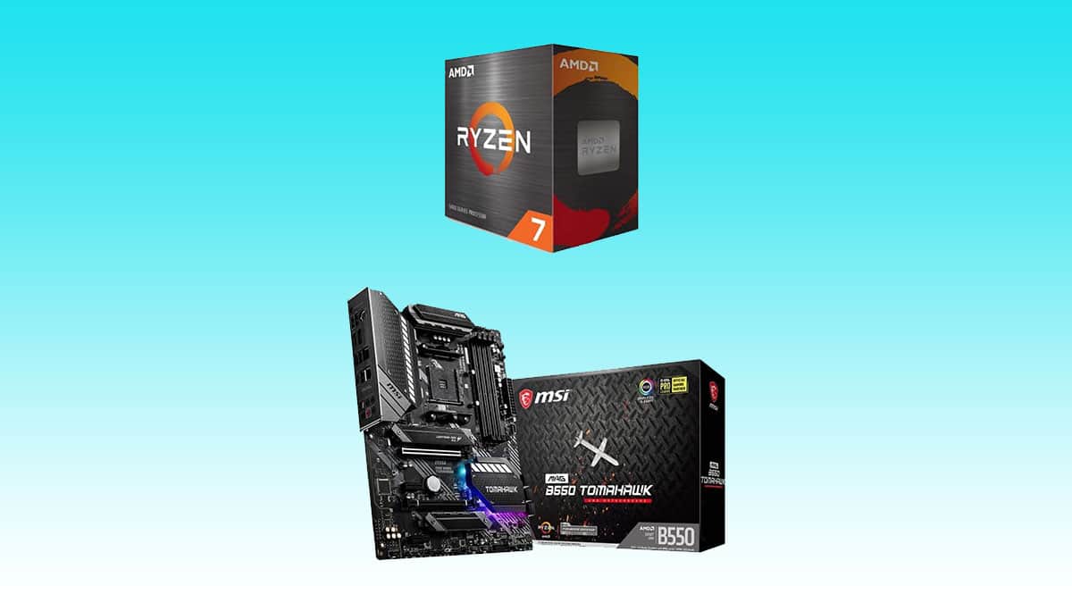 A Ryzen 7 CPU box with an MSI B550 Motherboard box and the motherboard itself on a clear background.