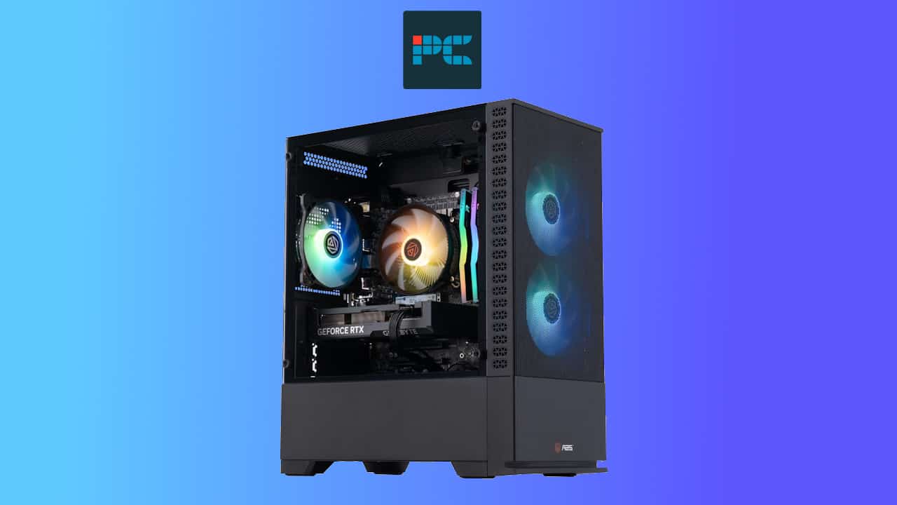 Custom RTX 4060 Ti gaming PC with led lighting on a blue background.