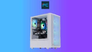 White RTX 4070 Super Gaming PC desktop computer with side panel removed, revealing internal components and rgb lighting, against a blue and purple gradient background.