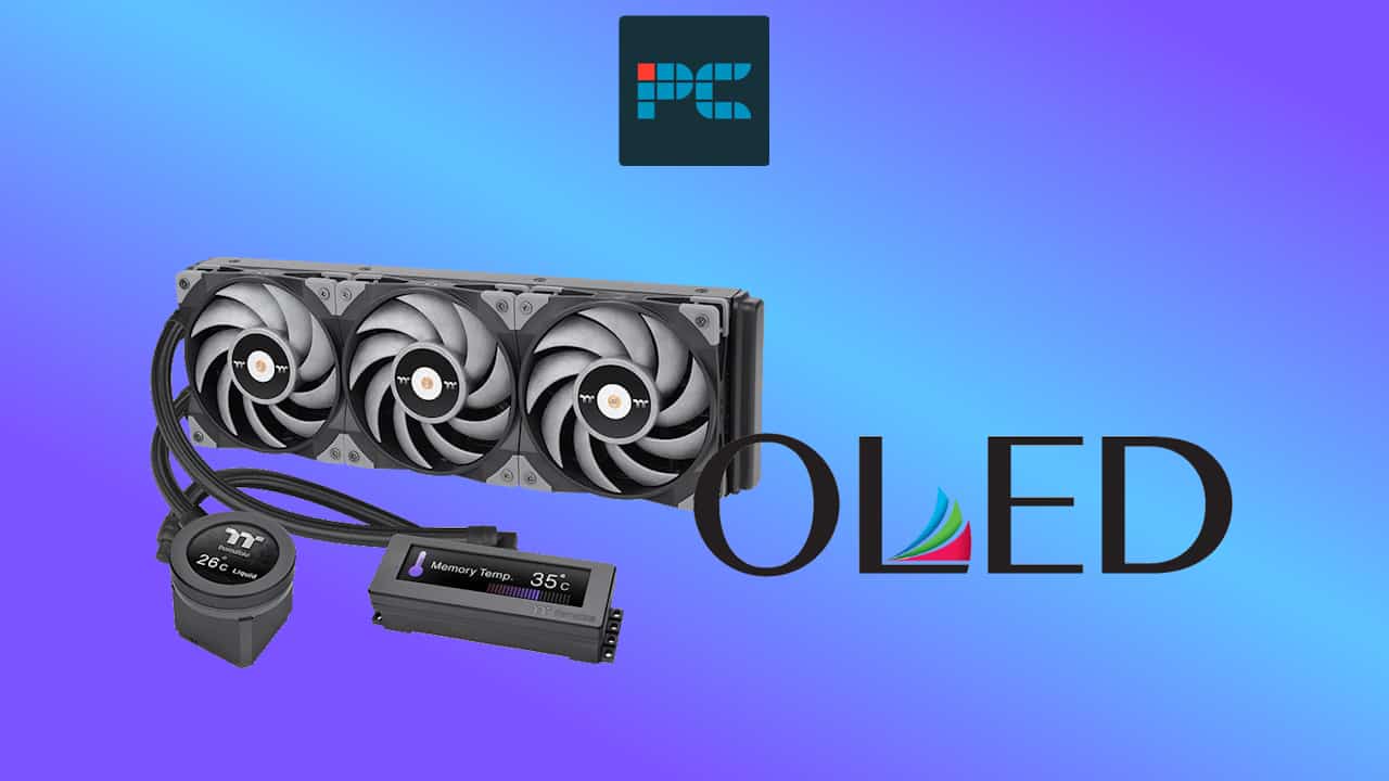 High-performance graphics card with AIO Cooler with OLED screen on a digital background featuring pc logos.
