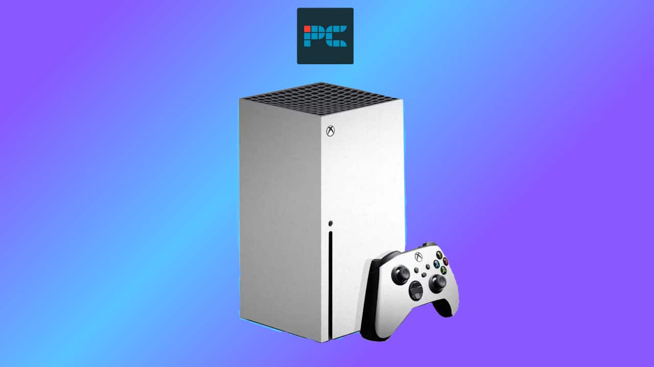 Microsoft white Xbox Series X console with a wireless controller on a gradient background in a photo.