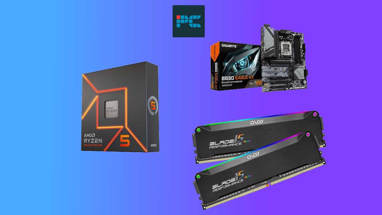 A collage of pc components including an AMD Ryzen 5 7600X bundle, a Gigabyte B550 motherboard, and OLOY DDR4 RAM modules against a gradient background.