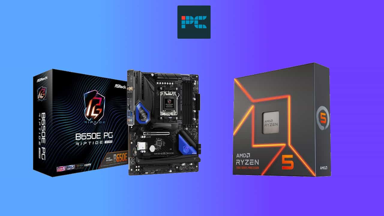 Asrock b650e and AMD Ryzen 5 7600X motherboard bundle packaging on a blue background.