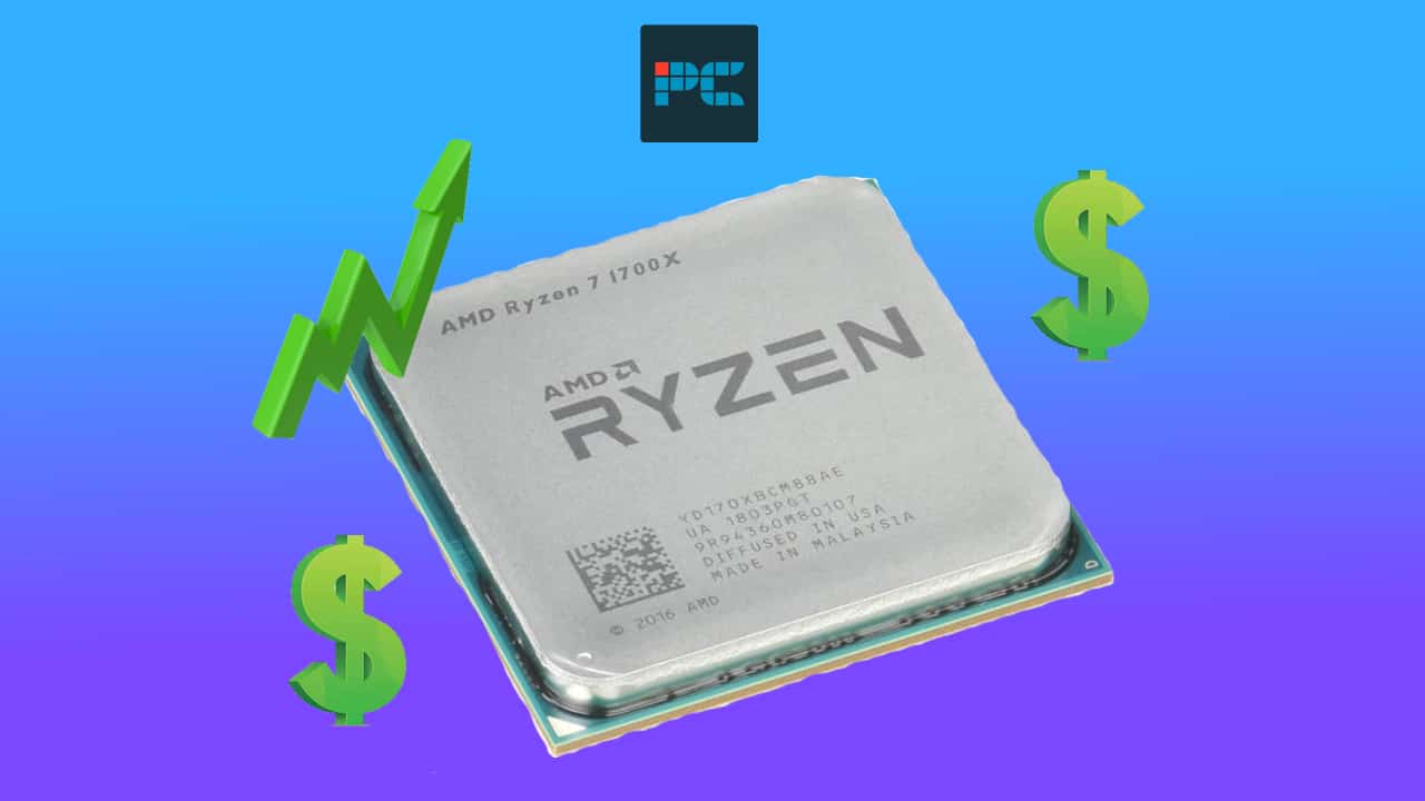 An AMD Ryzen 7 1700X CPU with dollar signs, possibly indicating its cost or value in crypto mining.
